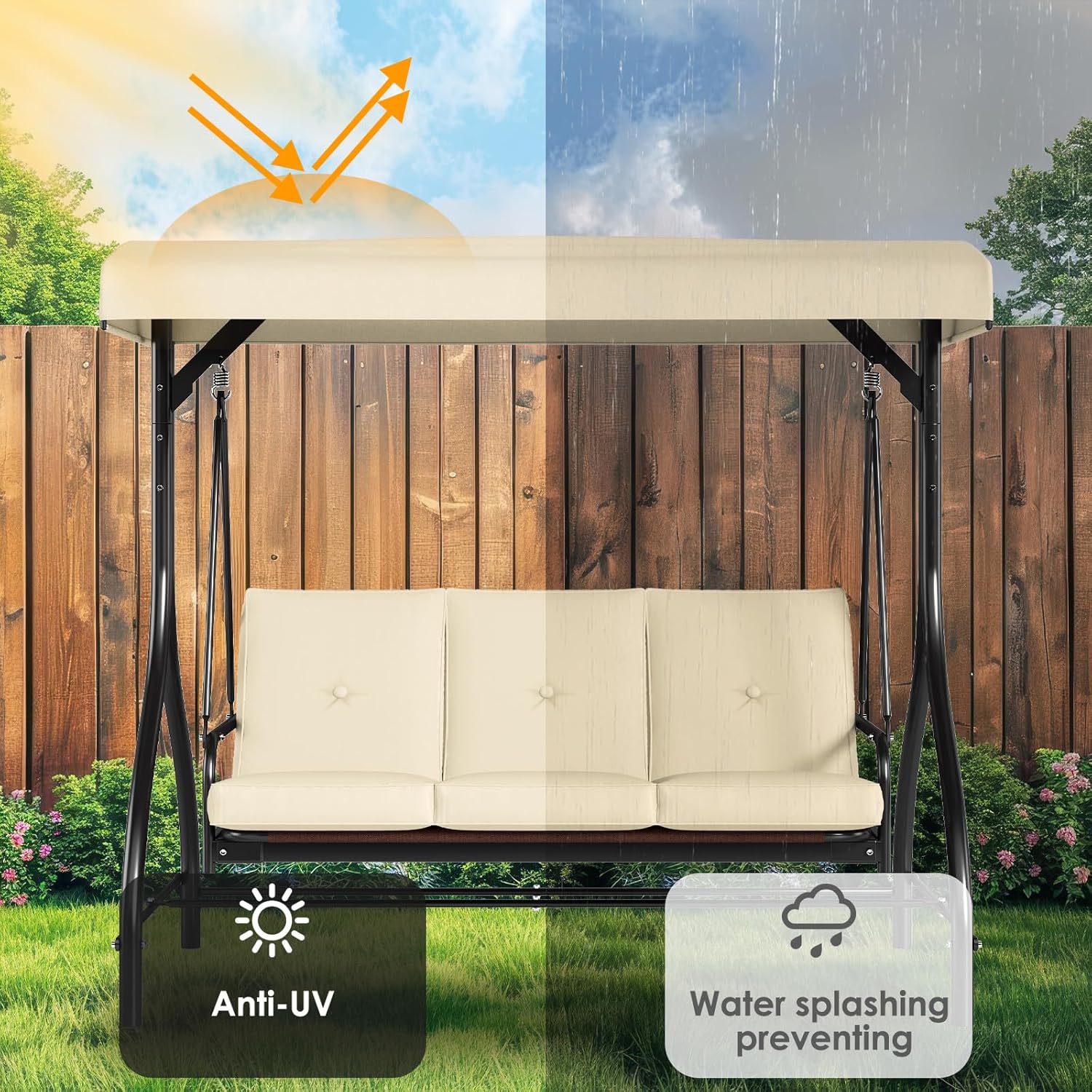 TLSUNNY 3-Seat Outdoor Patio Porch Swing with Adjustable Canopy & Backrest, Convertible Glider Bed with Stand, Removable Seat Cushion, 45° Tilt Adjustment for Backyard, Poolside, Balcony - 750LBS-VerdiqueGarden