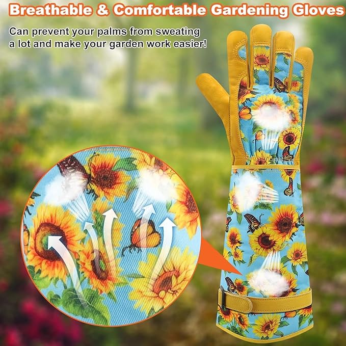 DLY Gardening Gloves for Women, Rose Gloves Gardening Thorn Proof, Long Garden Gloves for Women, Breathable Cowhide Leather Gauntlet (Small, Blue-VerdiqueGarden