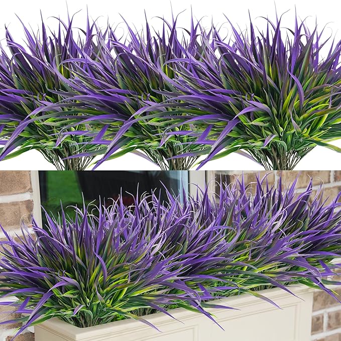 Uieke 28 Bundles Artificial Outdoor Plants UV Resistant Fake Grass Plants Faux Plastic Plants Greenery Shrubs for Home Garden Pathway Window Box Front Porch Cemetery Spring Summer Decor, Purple-VerdiqueGarden