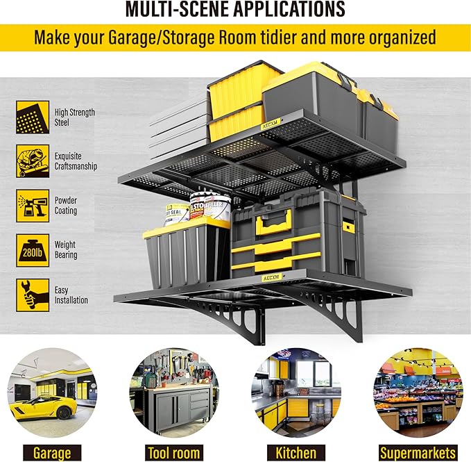 2-Pack 2x3ft Adjustable Garage Wall Shelving 560lbs Load Capacity Heavy Duty Wall Mounted Storage Shelf Metal Floating Shelves for Garage(Black)-VerdiqueGarden