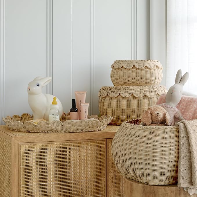 BEBE BASK Large Scalloped Basket Set Of 3 - Hand-Woven & Award-Winning Scallop Basket - XL - Extra Large for Blankets 22 x 16 x 10 In - Elegant Wicker With Scalloped Edge Lid (Natural)-VerdiqueGarden