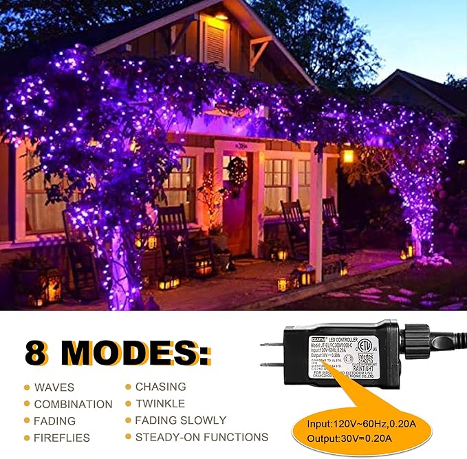 weillsnow 164FT 500 LED Purple Christmas Lights, 8 Modes Waterproof Plug in String Lights for Halloween Christmas Indoor Outdoor Yard Party Wedding Garden Home Decorations (Purple, 164FT)-VerdiqueGarden
