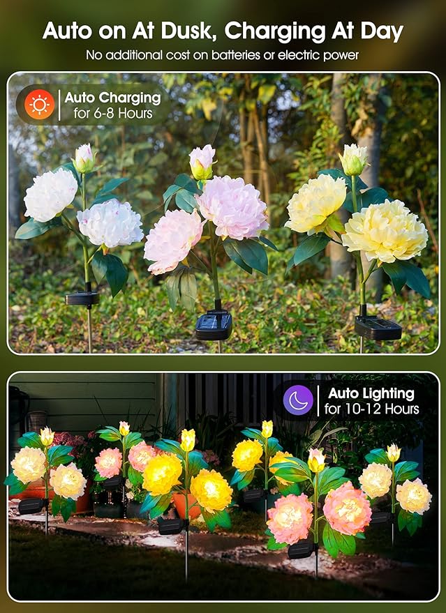 Outdoor Solar Flower Lights - 3 Pack Solar Garden Lights with Larger & More Realistic Peony, Bigger Solar Panel, Waterproof LED Solar Lights Outdoor for Yard Garden Lawn Pathway Decoration-VerdiqueGarden
