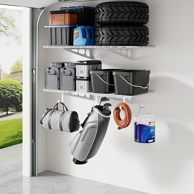 LEXIMOUNTS 2-Pack 2x4ft Garage Shelving with Hooks, 24-inch-by-48-inch Wall Shelf Garage Storage Racks Floating Shelves, White-VerdiqueGarden