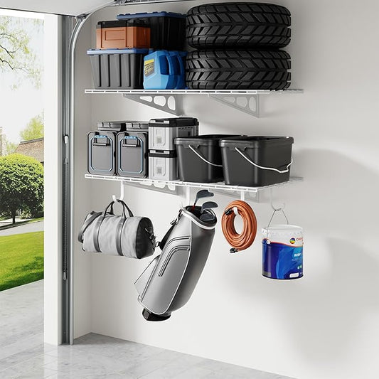 LEXIMOUNTS 2-Pack 2x4ft Garage Shelving with Hooks, 24-inch-by-48-inch Wall Shelf Garage Storage Racks Floating Shelves, White-VerdiqueGarden