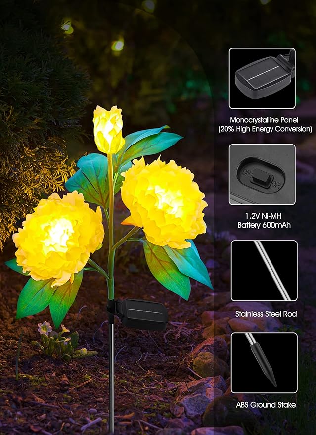 Outdoor Solar Flower Lights - 3 Pack Solar Garden Lights with Larger & More Realistic Peony, Bigger Solar Panel, Waterproof LED Solar Lights Outdoor for Yard Garden Lawn Pathway Decoration-VerdiqueGarden
