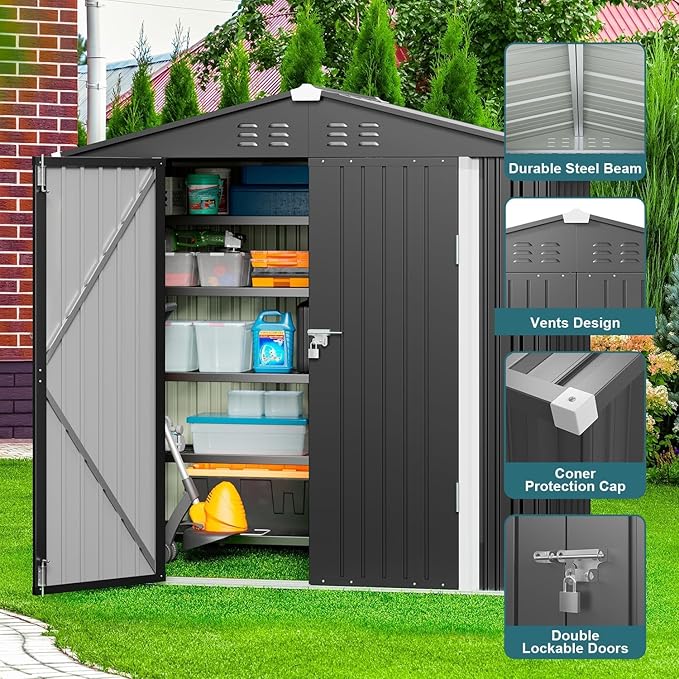 Gizoon Outdoor Storage Shed 6 x 4 FT, Galvanized Metal Garden Shed with Double Lockable Doors, Outdoor Storage Clearance for Backyard Patio Lawn-Dark Grey-VerdiqueGarden