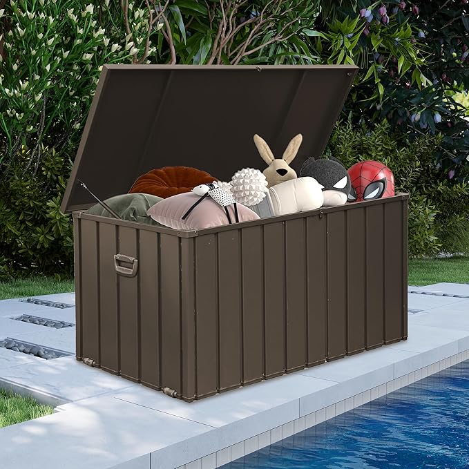 Domi Deck Box 190 Gallon, Waterproof Lockable Steel Outdoor Storage Container for Outside Cushions, Garden Tools and Pools Equipment, Brown-VerdiqueGarden