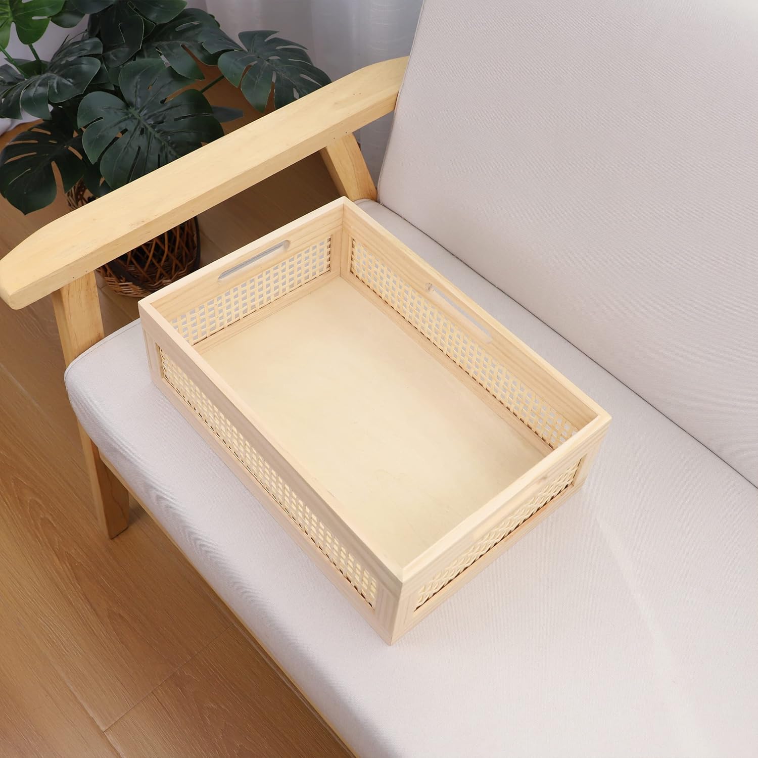 YRMT Wooden Baskets Shallow Wood Storage Basket Crate with Handles Decorative Storage Bins Organizer Rustic Farmhouse Countertop Basket for Shelves,Pantry,Kitchen-VerdiqueGarden