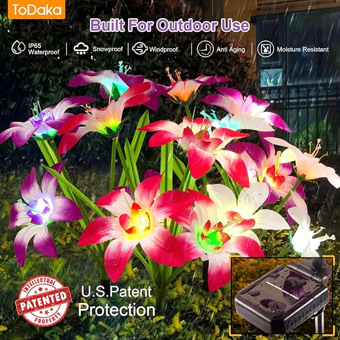 Solar Lights Outdoor Waterproof, 4 Pack Upgraded Garden Lights Solar Powered with 16 Double Layer Lily Flowers, Colorful Outdoor Solar Lights for Outside Yard Patio Garden Decor-VerdiqueGarden