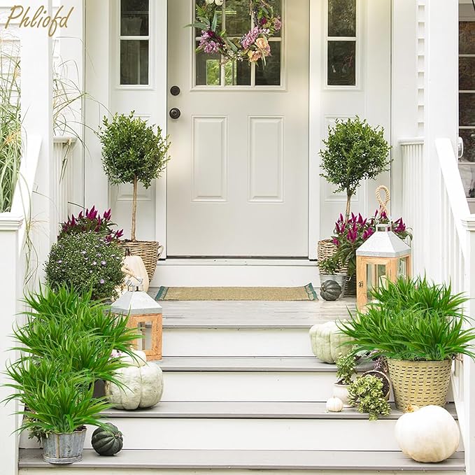 16Pcs Artificial Grass Fake Plants 17.3in 16 Leaves Outdoor Fake Grass UV Resistant Greenery Plastic Plants for Home Window Garden Patio Hanging Planter Pathway Front Porch Décor Green-VerdiqueGarden