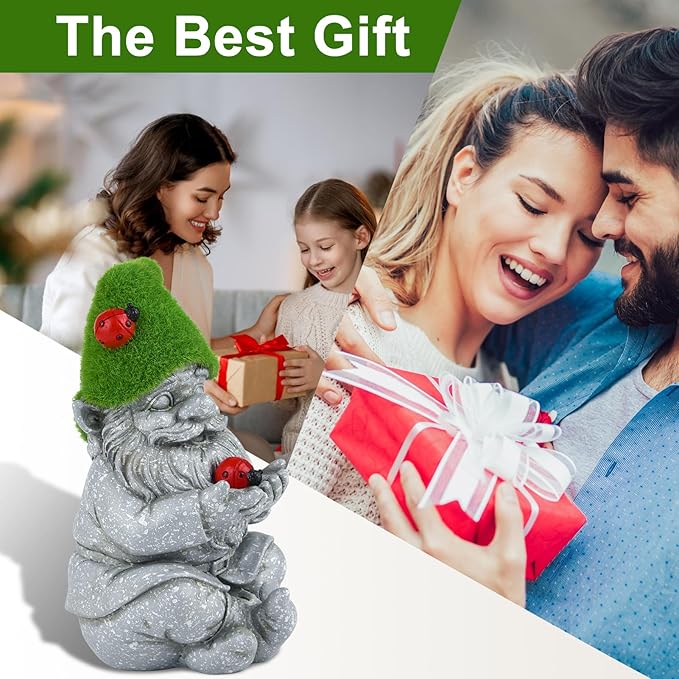 Solar Gnomes Garden Statues, Outdoor Lighted Gnome with Ladybugs Garden Decor Waterproof Figurines for Patio Porch Balcony Yard Lawn Lantern, Yard Art Decorations Gifts for Garden Patio Lawn-VerdiqueGarden