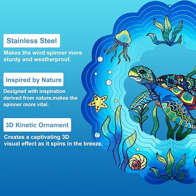 Sea Turtle Wind Spinners 3D Hanging Wind Spinner Sea Turtle Ornament Gifts for Women Mom Grandma,12inch Metal Wind Kinetic Sculpture for Outdoor&Indoor Decor, Yard Art, Garden Decoration-VerdiqueGarden