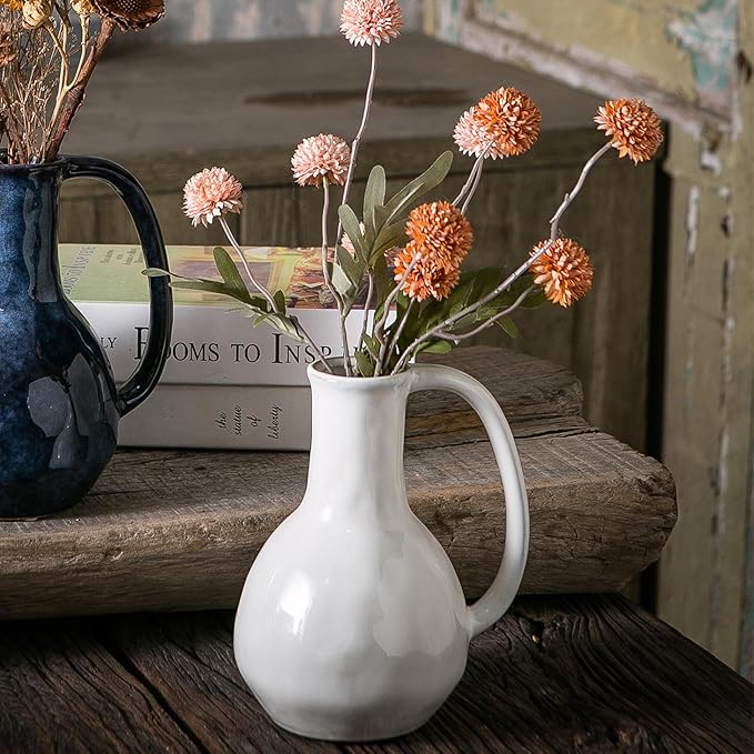 White Ceramic Vase with Big Handles, Modern Farmhouse Decor, Rustic Pottery for Flowers, Decorative Terracotta Centerpiece for Dining Table-VerdiqueGarden