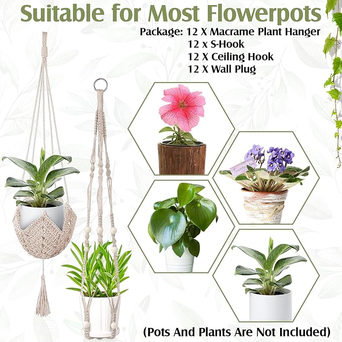 Hoteam 12 Pcs Macrame Plant Hangers Macrame Hanging Planters for Indoor Plants Handmade Boho Hanging Baskets Flower Pots Holder for Outdoor Home Wall Decor-VerdiqueGarden