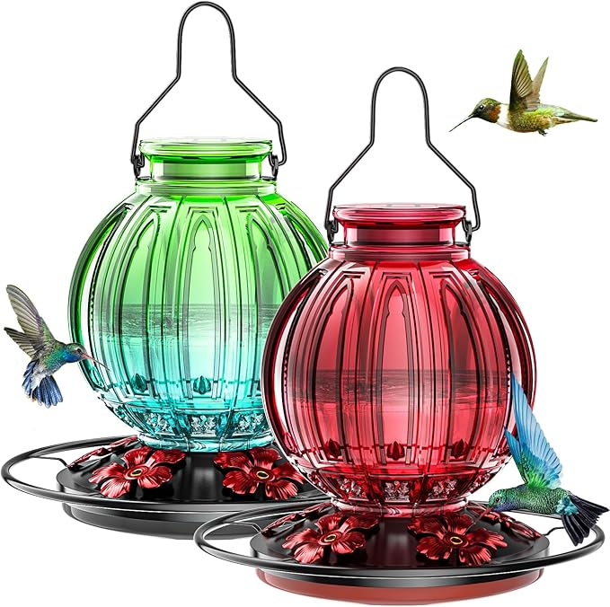 2 Pack Glass Hummingbird Feeder for Outdoors Hanging, Bird Nectar Feeder with Perch & 5 Flower Feeding Ports, 26 Oz Leak Proof for Outside Garden Decor Backyard, Gifts for Women Mom, Red & Green Blue-VerdiqueGarden