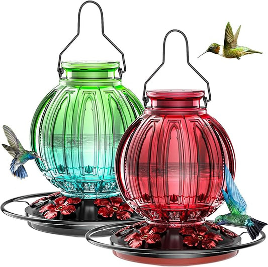 2 Pack Glass Hummingbird Feeder for Outdoors Hanging, Bird Nectar Feeder with Perch & 5 Flower Feeding Ports, 26 Oz Leak Proof for Outside Garden Decor Backyard, Gifts for Women Mom, Red & Green Blue-VerdiqueGarden