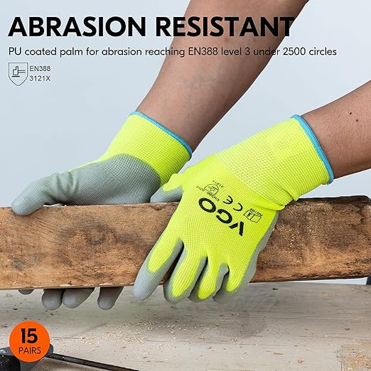 Vgo... 15-Pairs Safety Work Gloves, Gardening Gloves, Polyurethane Coated, Dipping Gloves, Latex Free (Size L, Yellow, PU2103)-VerdiqueGarden