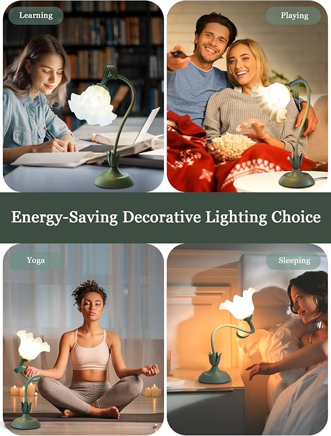 Flower Table Lamp,LED Reading Light Bedside Vintage Flower Night Light,3 Colors Modes Kawaii Bedside Lamps Decor,Living Room Bedroom Room Lighting Table Lamps Home Decoration (Green)-VerdiqueGarden