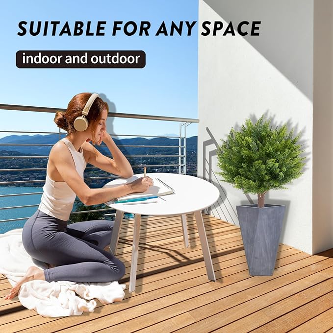 Artificial Cedar Shrub Ball Trees Two 15.8inch with Ground Spikes, can be Planted in The Ground and in pots, Outdoor Artificial Plants Resistant to UV Rays-VerdiqueGarden