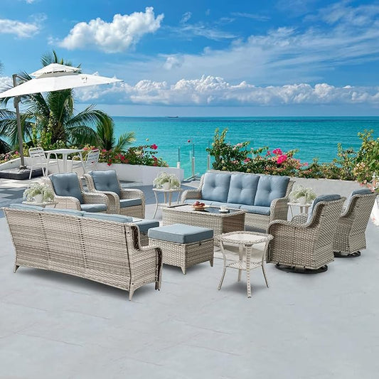 Wicker Patio Furniture Sets - 13 Piece Outdoor Rattan Furniture Conversation Sets with 4 Swivel Rocker Chairs, 2 Rattan Sofas, Wicker Ottomans and Coffee Table, Light Grey/Baby Blue-VerdiqueGarden