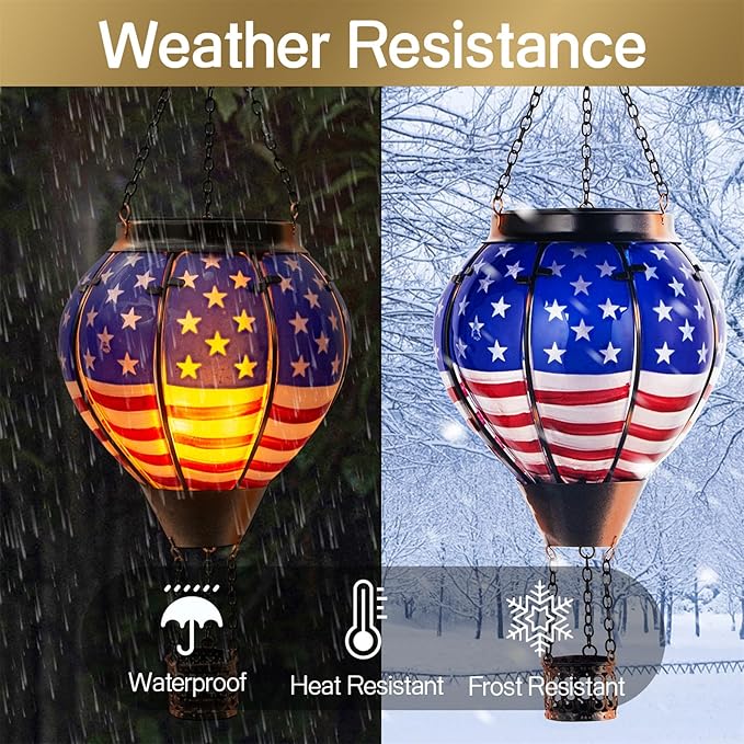 Hot Air Balloon Solar Lantern Outdoor - Flame Hanging Solar Light Waterproof Lanterns for Patio Garden Yard Farmhouse Decor, Great Gift(Flag)-VerdiqueGarden