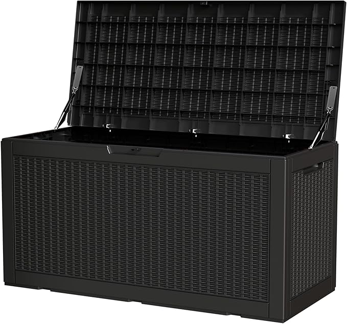 100 Gallon Storage Box, Waterproof Resin Deck Box with Hydraulic Piston Design, Lockable Storage Bench for Package Delivery, Storage Bin for Patio Cushions, Garden Tools, Black-VerdiqueGarden
