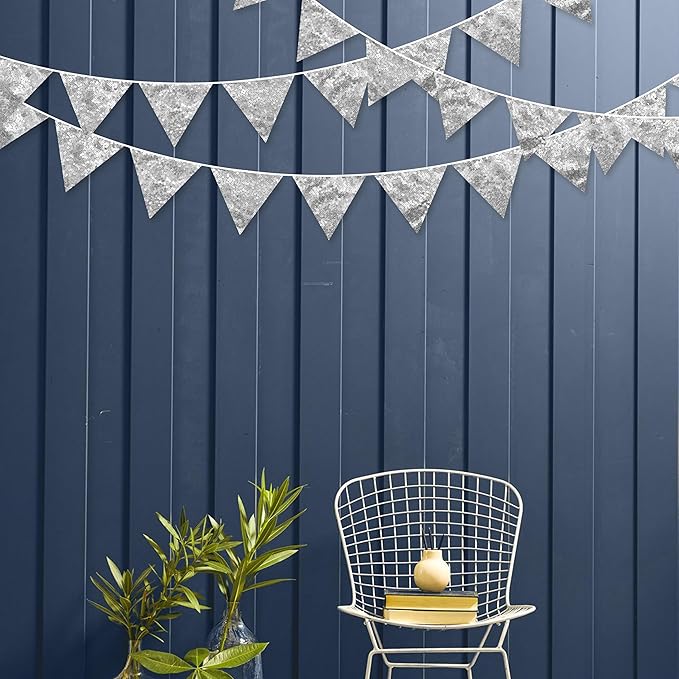 Pinkblume Double Sided Sequin Fabric Triangle Pennant Banner Flag Bunting Garland for Silver Theme Nursery Classroom Home Bedroom Wall Holiday Christmas Decor-VerdiqueGarden