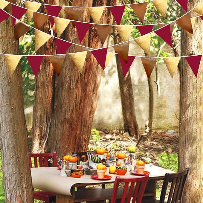 Fall Party Decorations Maroon Gold Brown Metallic Fabric Triangle Pennant Banner Burgundy Flag Bunting Garland for Autumn Thanksgiving Wedding Birthday Bridal Shower Engagement Graduation Garnet Party-VerdiqueGarden