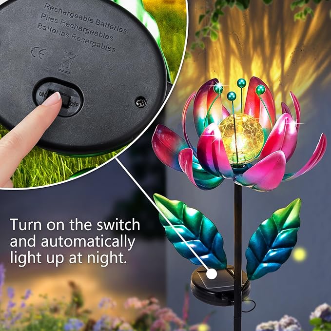 Solar Purple Metal Flower Wind Spinners, Colorful Spinning Windmill Lotus Yard Art Lights Wind Pinwheels with LED Crystal Ball Decorative Stake Lighting Flower Sculpture-VerdiqueGarden