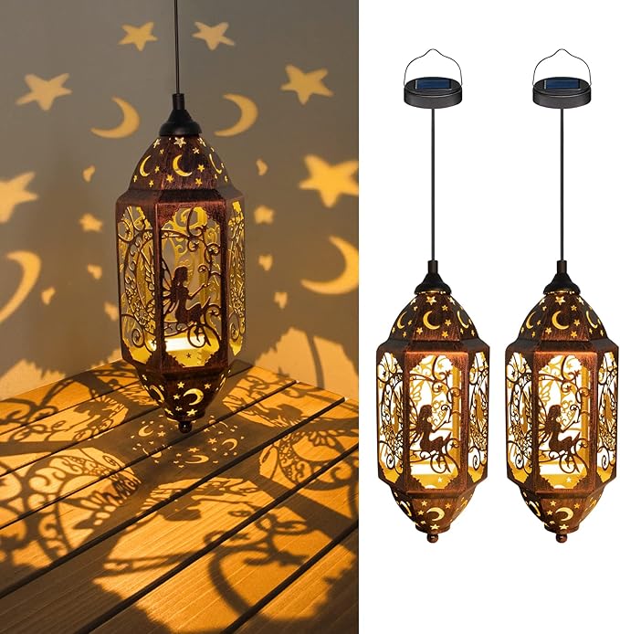 Go2garden 12.4" Outdoor Solar Lanterns Waterproof Garden Gifts Women, Moon Fairy Statue Solar Haning Lights for Patio, Yard Decorations, Mothers Day Gifts for Mom, Grandma(2Pack, Red Copper)-VerdiqueGarden