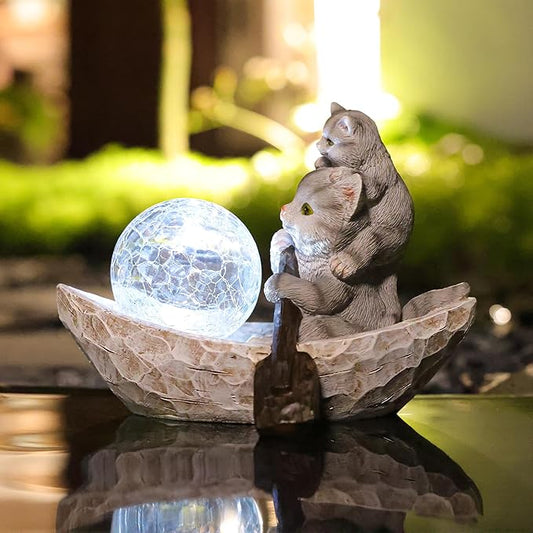 Garden Statue of Cat,Garden Decor Cat Figurine,Cats Outdoor Statue,Solar Decor for Patio,Balcony,Yard,Lawn Ornament-VerdiqueGarden