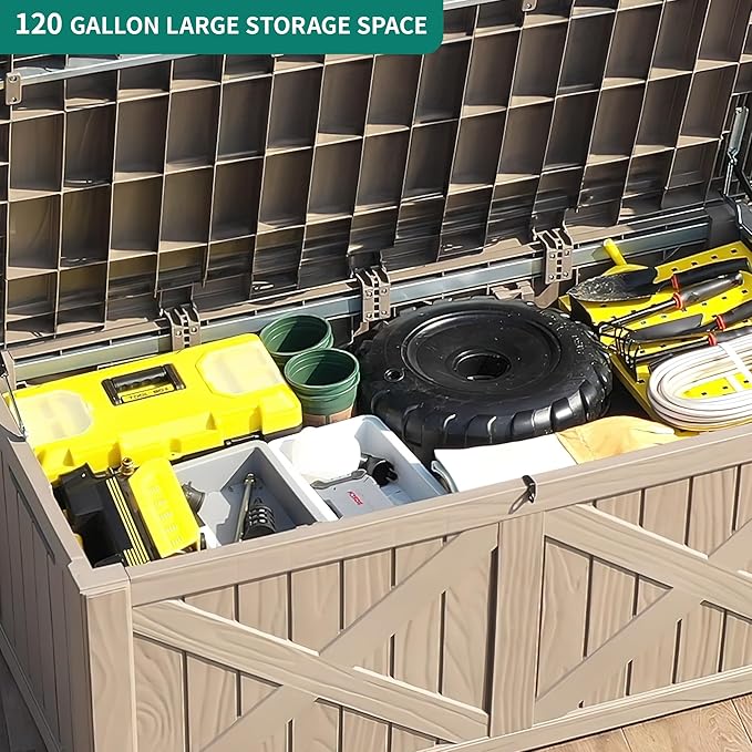 YITAHOME 120 Gallon Large Deck Box, Upgraded Resin Outdoor Storage Boxes w/Flexible Divider, Waterproof Cushion Storage Bench for Patio Furniture, Pool Supplies, Garden Tools - Lockable, Taupe-VerdiqueGarden