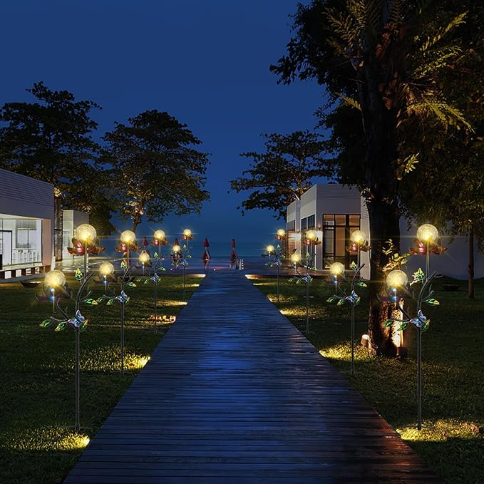 VCUTEKA Solar Garden Light Solar Flowers Light with LED Crackle Glass Globe Solar Lights Outdoor Metal Garden Stake Wind Spinner for Garden Decoration, Patio Decor, Yard Decor and Gift for Mother-VerdiqueGarden