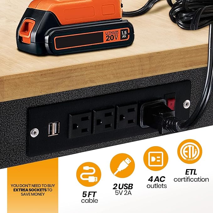 48" Adjustable Work Bench, Rubber Wood Top Workbench Heavy-Duty Work Table with Power Outlet, 2000 LBS Load Capacity Hardwood Work Benches for Garage, Workshop, Home, Office, Easy Assembly-VerdiqueGarden