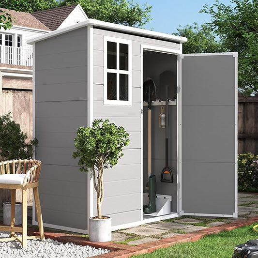 UDPATIO Outdoor Storage Shed 5x3 FT, Plastic Garden Shed for Bike, Garbage Can, Tool, Outside Sheds & Outdoor Resin Shed with Lockable Door for Backyard, Patio, Lawn, Grey & White-VerdiqueGarden