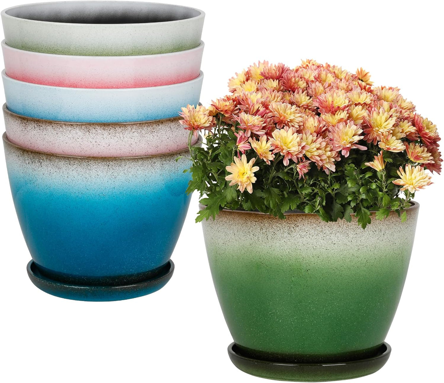 Worth Garden Plastic Round 8" Plant Pots - Set of 6 Multicolor Small Gloss Flower Pot Planters with Drainage Hole and Saucer - Home Decorative Christmas Containers-VerdiqueGarden