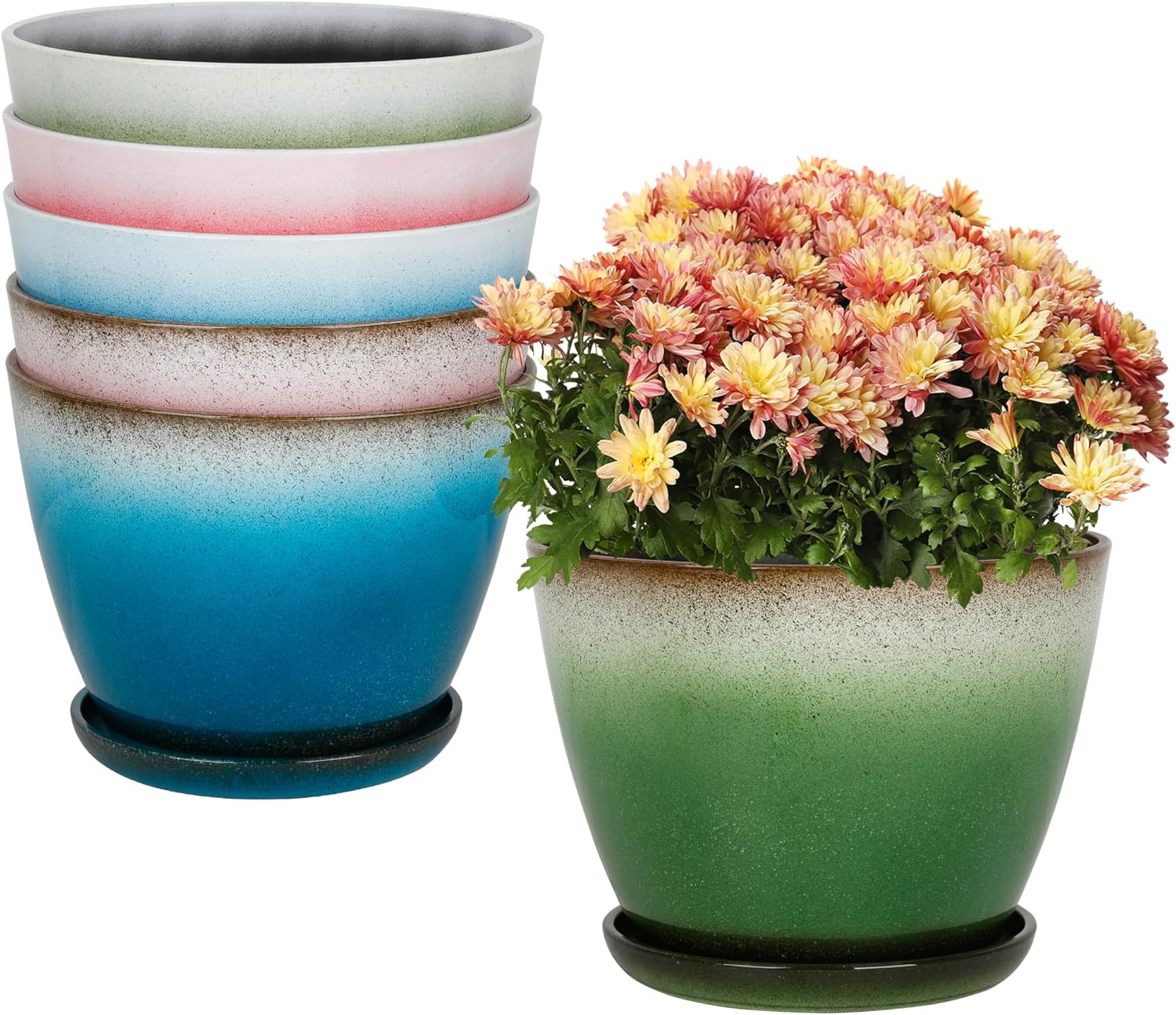 Worth Garden Plastic Round 8" Plant Pots - Set of 6 Multicolor Small Gloss Flower Pot Planters with Drainage Hole and Saucer - Home Decorative Christmas Containers-VerdiqueGarden