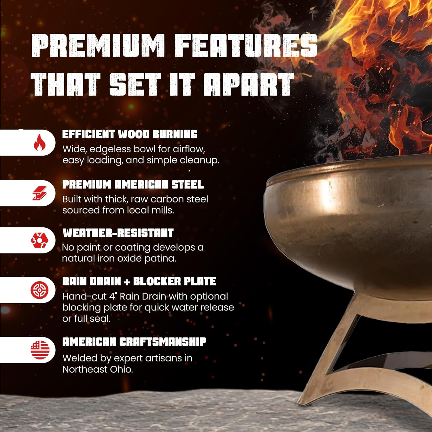 Liberty Fire Pit – Ohio Flame Wood Burning Outdoor Fire Pit - 42" Diameter with Hollow Base (Made in USA)-VerdiqueGarden