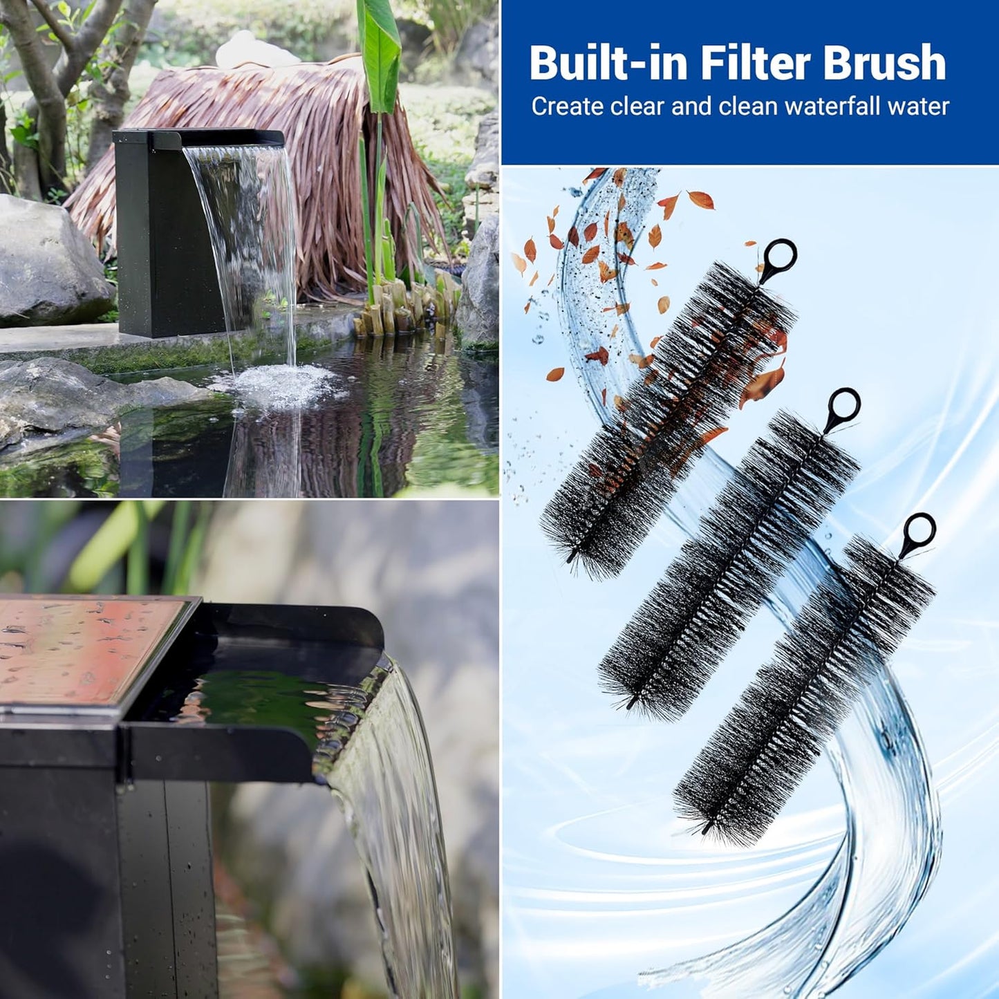 NFESOLAR Pond Waterfall Spillway Kit, Includes Large 7.8" W 13.4" H Stainless Waterfall Box, 660GPH Water Pump, Blue LED Lights for Garden Outdoor Pond 500-1500 Gallons N4213-VerdiqueGarden