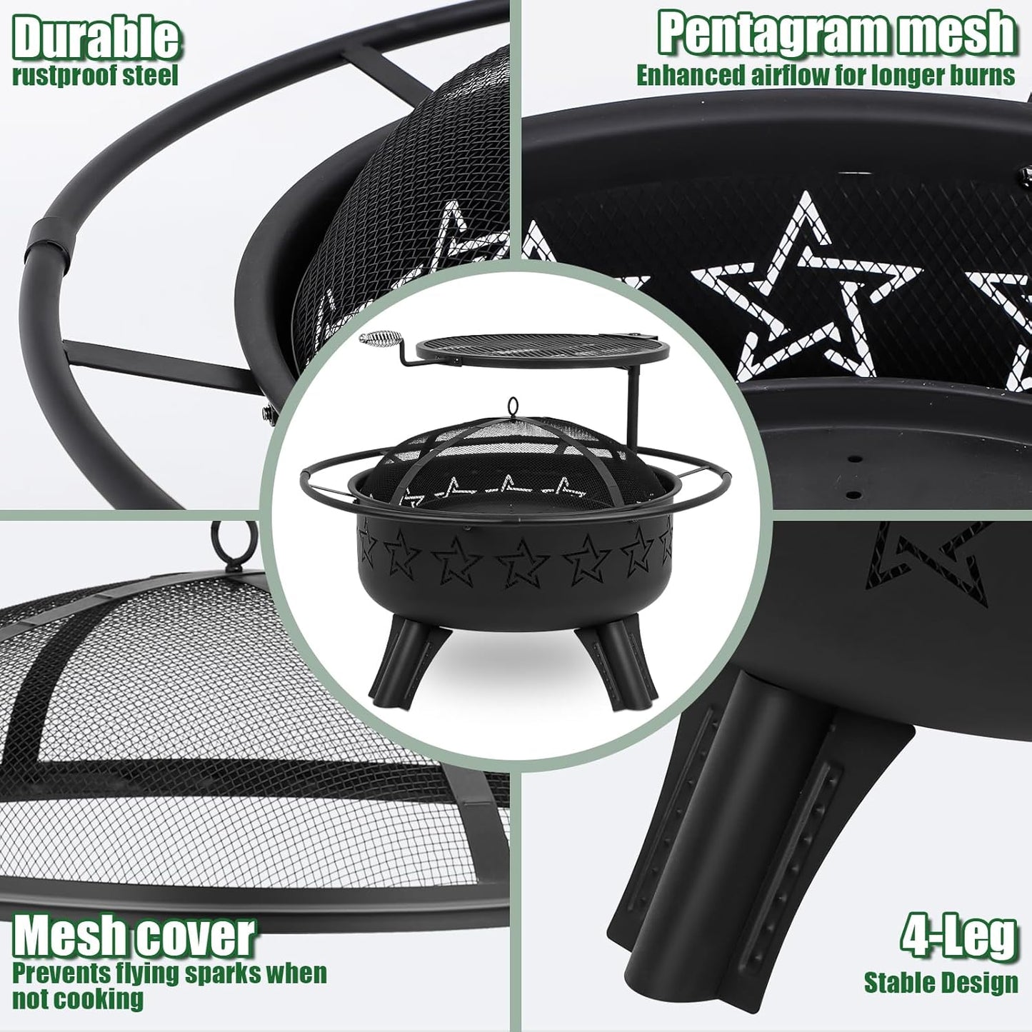 31" 2-in-1 Wood Burning Fire Pit with Swivel BBQ Grills & Spark Screen for Outside - Heavy Duty Outdoor Firepit with Charcoal Pan, Log Rack & Poker - for Backyard, Patio, Garden Bonfire-VerdiqueGarden