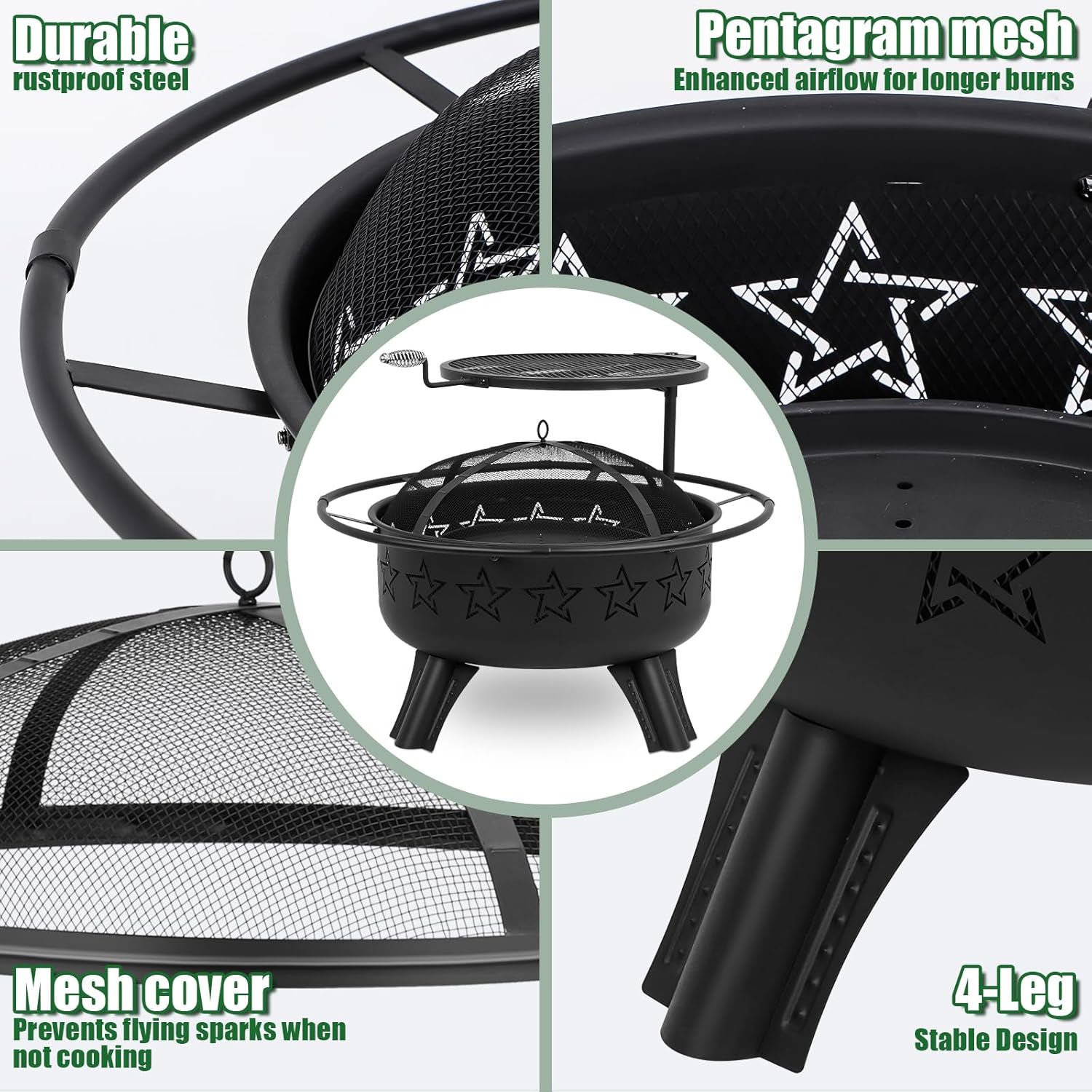 31" 2-in-1 Wood Burning Fire Pit with Swivel BBQ Grills & Spark Screen for Outside - Heavy Duty Outdoor Firepit with Charcoal Pan, Log Rack & Poker - for Backyard, Patio, Garden Bonfire-VerdiqueGarden