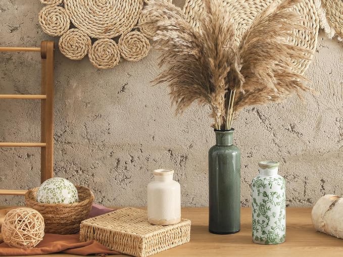 Vintage Vase Set of 3, Ceramic Vintage Flower Vases, Chinoiserie Decorative Home Decor Retro Floral Vase Rustic Farmhouse Decor for Table Bookshelf Mantel Kitchen Living Room Office - Green and Beige-VerdiqueGarden