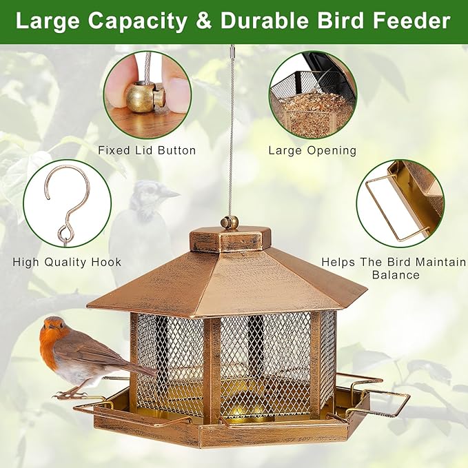 Metal Bird Feeder for Outdoor Hanging, 4.6LB Large Capacity, Garden Decoration - Attracts Wild Birds, Durable Outdoor Bird Feeding Station for Garden Yard Outside Backyard (Extra Large Gold)-VerdiqueGarden