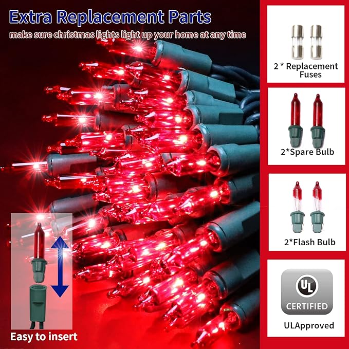 Ultra-Bright Connects End to End Red Christmas Mini Lights 300L 63.8Ft(2Sets-Each 150L)UL Listed Incandescent Bulb String Light for Indoor Outdoor Holiday Garden Party Christmas Tree Decor-VerdiqueGarden