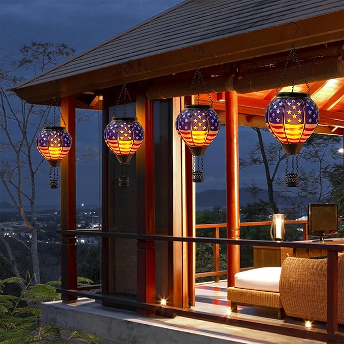 Hot Air Balloon Solar Lantern Outdoor - Flame Hanging Solar Light Waterproof Lanterns for Patio Garden Yard Farmhouse Decor, Great Gift(Flag)-VerdiqueGarden