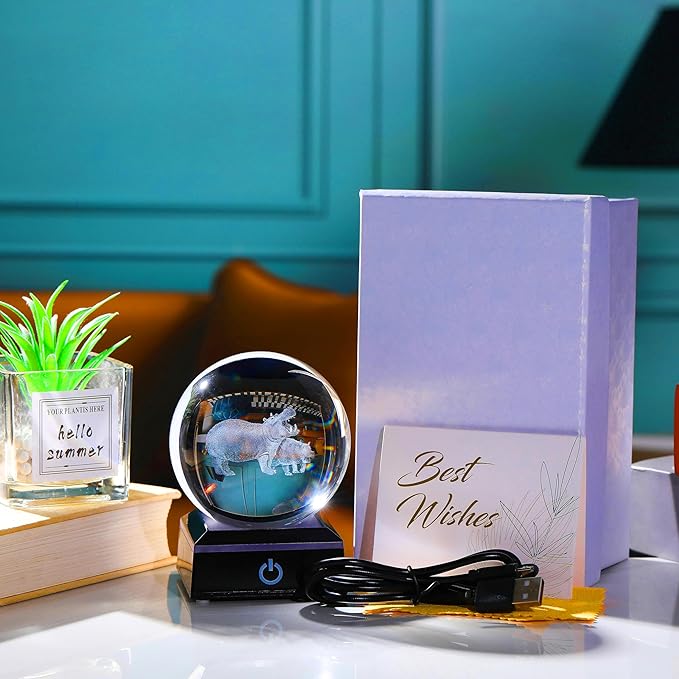 Qianwei Hippopotamus Gifts for Women 3D Crystal Ball 3.14'' - Laser Hippopotamus Decor Glass Animals Hippo Gifts Figurines Statue Stuff for Room Decorations Hippo Night Light-VerdiqueGarden
