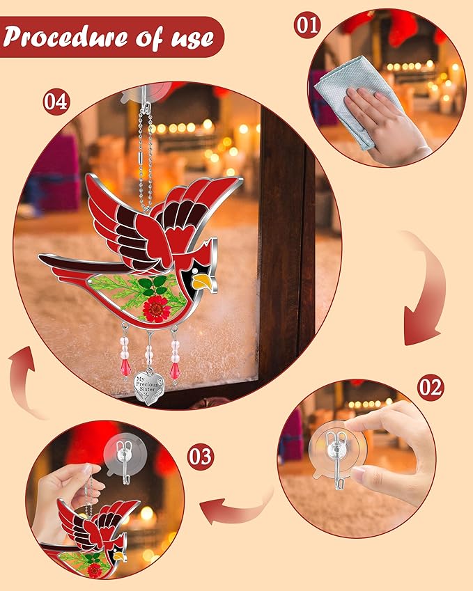 KY&BOSAM Cardinal Suncatcher Stain Glass My Precious Sister Had-Painted Sun Catcher Hanging for Window Wind Chime Gifts for Sister Mother`s Day Valentine's Birthday Christmas Thanksgiving-VerdiqueGarden