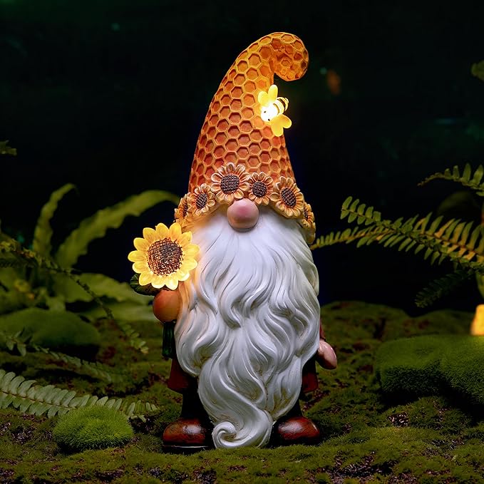 Garden Gnomes Outdoor - Sunflower Gnome Statue with Solar LED Lights for Yard, Patio, Lawn Ornaments - Best Garden Gifts for Mothers Day, Housewarming, Festival-VerdiqueGarden