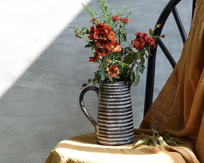 Quoowiit Ceramic Rustic Vase with Handle, Black Distressed Decorative Farmhouse Pitcher Vase for Home Decor Living Room Bedroom Kitchen Office Shelf Decor Centerpiece Table Decoration-VerdiqueGarden